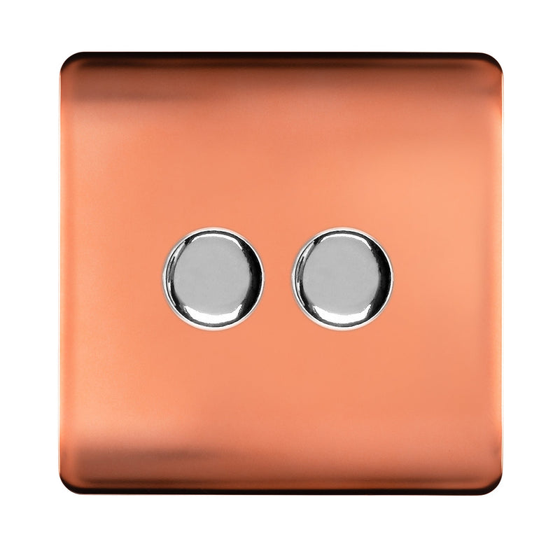 Trendi, Artistic Modern 2 Gang 2 Way LED Dimmer Switch 5-150W LED / 120W Tungsten Per Dimmer, Copper Finish, (35mm Back Box Required), 5yrs Warranty • ART-2LDMCPR