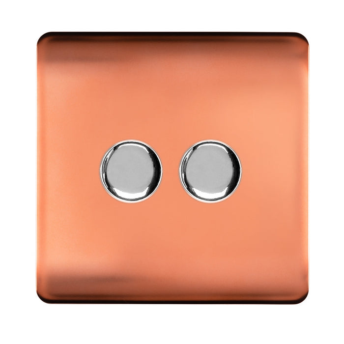 Trendi, Artistic Modern 2 Gang 2 Way LED Dimmer Switch 5-150W LED / 120W Tungsten Per Dimmer, Copper Finish, (35mm Back Box Required), 5yrs Warranty • ART-2LDMCPR