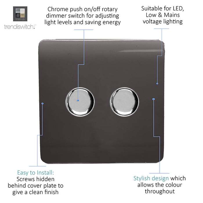 Trendi, Artistic Modern 2 Gang 2 Way LED Dimmer Switch 5-150W LED / 120W Tungsten Per Dimmer, Dark Brown Finish, (35mm Back Box Required) 5yrs Wrnty • ART-2LDMDB