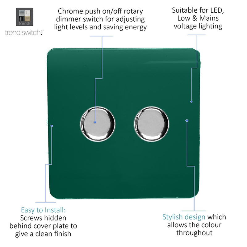 Trendi, Artistic Modern 2 Gang 2 Way LED Dimmer Switch 5-150W LED / 120W Tungsten Per Dimmer, Dark Green Finish, (35mm Back Box Required) 5yrs Wrnty • ART-2LDMDG