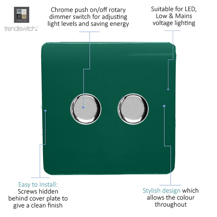 Trendi, Artistic Modern 2 Gang 2 Way LED Dimmer Switch 5-150W LED / 120W Tungsten Per Dimmer, Dark Green Finish, (35mm Back Box Required) 5yrs Wrnty • ART-2LDMDG