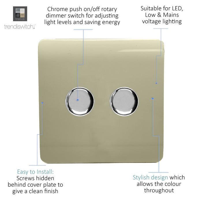Trendi, Artistic Modern 2 Gang 2 Way LED Dimmer Switch 5-150W LED / 120W Tungsten Per Dimmer, Gold/Chrome Finish, (35mm Back Box Required) 5yrs Wrnty • ART-2LDMGO
