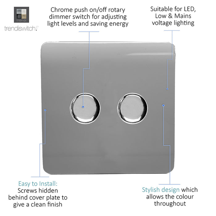 Trendi, Artistic Modern 2 Gang 2 Way LED Dimmer Switch 5-150W LED / 120W Tungsten Per Dimmer, Light Grey Finish, (35mm Back Box Required) 5yrs Wrnty • ART-2LDMLG