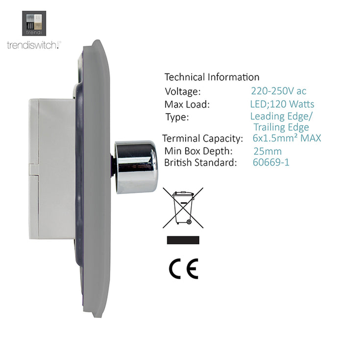 Trendi, Artistic Modern 2 Gang 2 Way LED Dimmer Switch 5-150W LED / 120W Tungsten Per Dimmer, Light Grey Finish, (35mm Back Box Required) 5yrs Wrnty • ART-2LDMLG