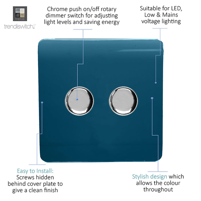 Trendi, Artistic Modern 2 Gang 2 Way LED Dimmer Switch 5-150W LED / 120W Tungsten Per Dimmer, Midnight Blue Finish (35mm Back Box Required) 5yrs Wrnty • ART-2LDMMD