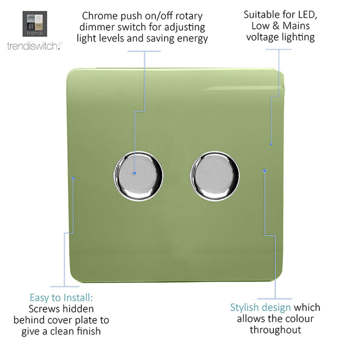 Trendi, Artistic Modern 2 Gang 2 Way LED Dimmer Switch 5-150W LED / 120W Tungsten Per Dimmer, Moss Green Finish, (35mm Back Box Required) 5yrs Wrnty • ART-2LDMMG