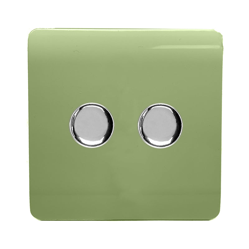 Trendi, Artistic Modern 2 Gang 2 Way LED Dimmer Switch 5-150W LED / 120W Tungsten Per Dimmer, Moss Green Finish, (35mm Back Box Required) 5yrs Wrnty • ART-2LDMMG