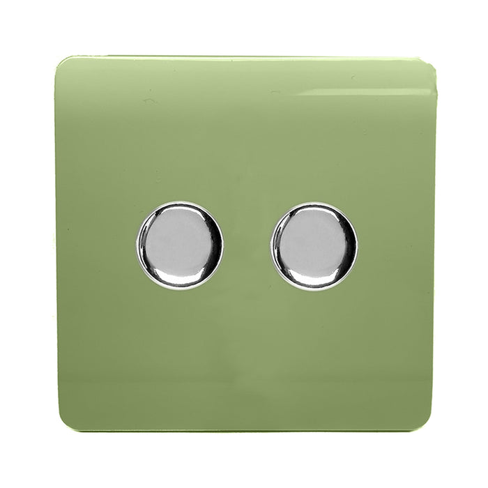 Trendi, Artistic Modern 2 Gang 2 Way LED Dimmer Switch 5-150W LED / 120W Tungsten Per Dimmer, Moss Green Finish, (35mm Back Box Required) 5yrs Wrnty • ART-2LDMMG