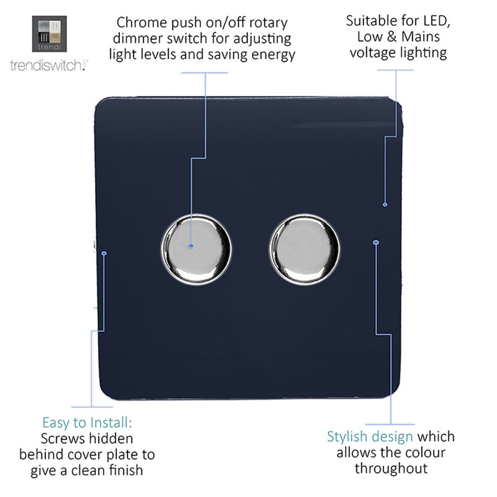 Trendi, Artistic Modern 2 Gang 2 Way LED Dimmer Switch 5-150W LED / 120W Tungsten Per Dimmer, Navy Finish, (35mm Back Box Required), 5yrs Warranty • ART-2LDMNV