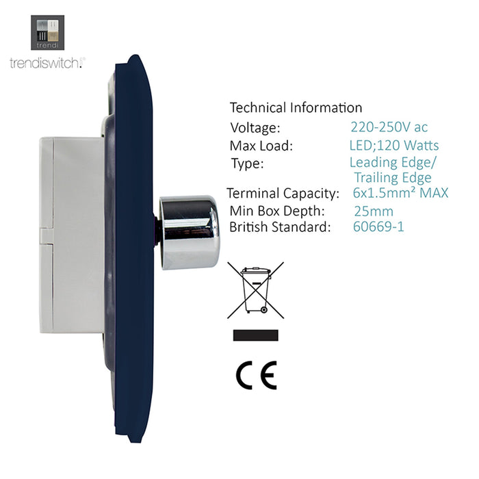 Trendi, Artistic Modern 2 Gang 2 Way LED Dimmer Switch 5-150W LED / 120W Tungsten Per Dimmer, Navy Finish, (35mm Back Box Required), 5yrs Warranty • ART-2LDMNV