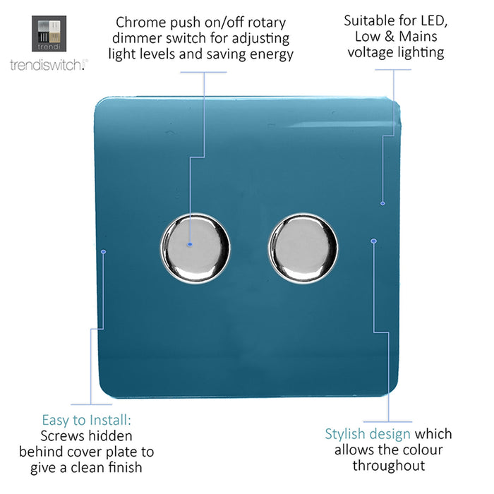 Trendi, Artistic Modern 2 Gang 2 Way LED Dimmer Switch 5-150W LED / 120W Tungsten Per Dimmer, Ocean Blue Finish, (35mm Back Box Required) 5yrs Wrnty • ART-2LDMOB