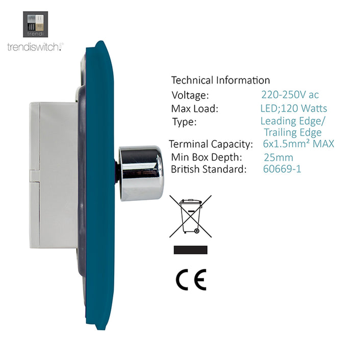 Trendi, Artistic Modern 2 Gang 2 Way LED Dimmer Switch 5-150W LED / 120W Tungsten Per Dimmer, Ocean Blue Finish, (35mm Back Box Required) 5yrs Wrnty • ART-2LDMOB