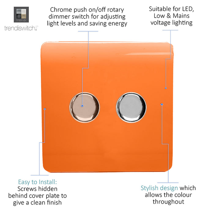 Trendi, Artistic Modern 2 Gang 2 Way LED Dimmer Switch 5-150W LED / 120W Tungsten Per Dimmer, Orange Finish, (35mm Back Box Required), 5yrs Warranty • ART-2LDMOR