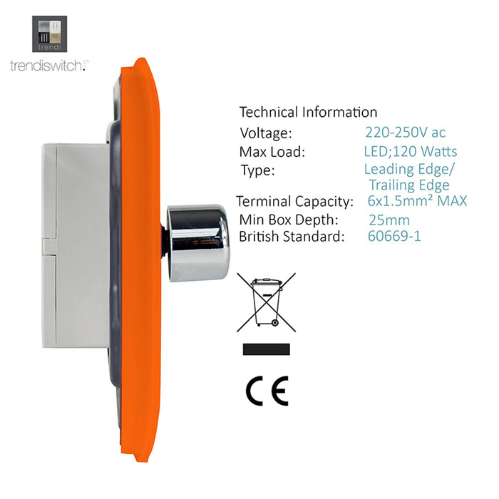 Trendi, Artistic Modern 2 Gang 2 Way LED Dimmer Switch 5-150W LED / 120W Tungsten Per Dimmer, Orange Finish, (35mm Back Box Required), 5yrs Warranty • ART-2LDMOR