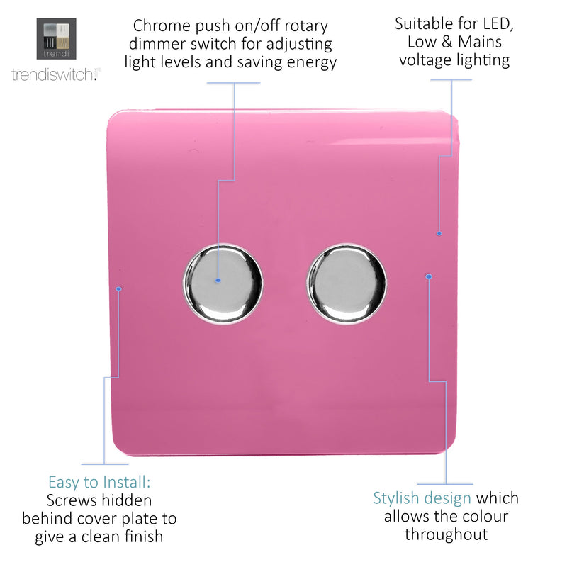 Trendi, Artistic Modern 2 Gang 2 Way LED Dimmer Switch 5-150W LED / 120W Tungsten Per Dimmer, Pink Finish, (35mm Back Box Required), 5yrs Warranty • ART-2LDMPK