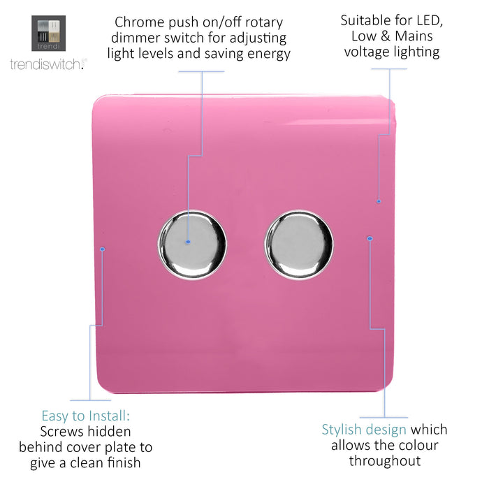 Trendi, Artistic Modern 2 Gang 2 Way LED Dimmer Switch 5-150W LED / 120W Tungsten Per Dimmer, Pink Finish, (35mm Back Box Required), 5yrs Warranty • ART-2LDMPK