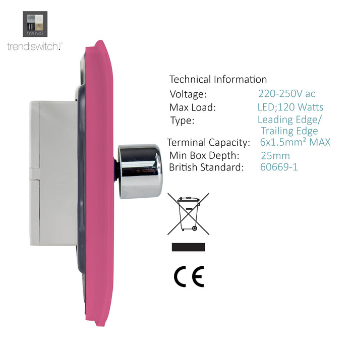 Trendi, Artistic Modern 2 Gang 2 Way LED Dimmer Switch 5-150W LED / 120W Tungsten Per Dimmer, Pink Finish, (35mm Back Box Required), 5yrs Warranty • ART-2LDMPK