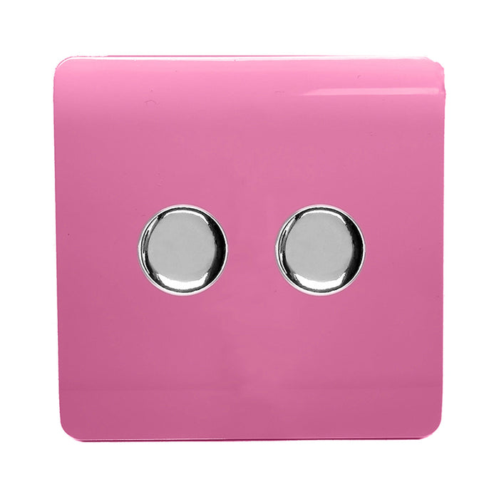 Trendi, Artistic Modern 2 Gang 2 Way LED Dimmer Switch 5-150W LED / 120W Tungsten Per Dimmer, Pink Finish, (35mm Back Box Required), 5yrs Warranty • ART-2LDMPK