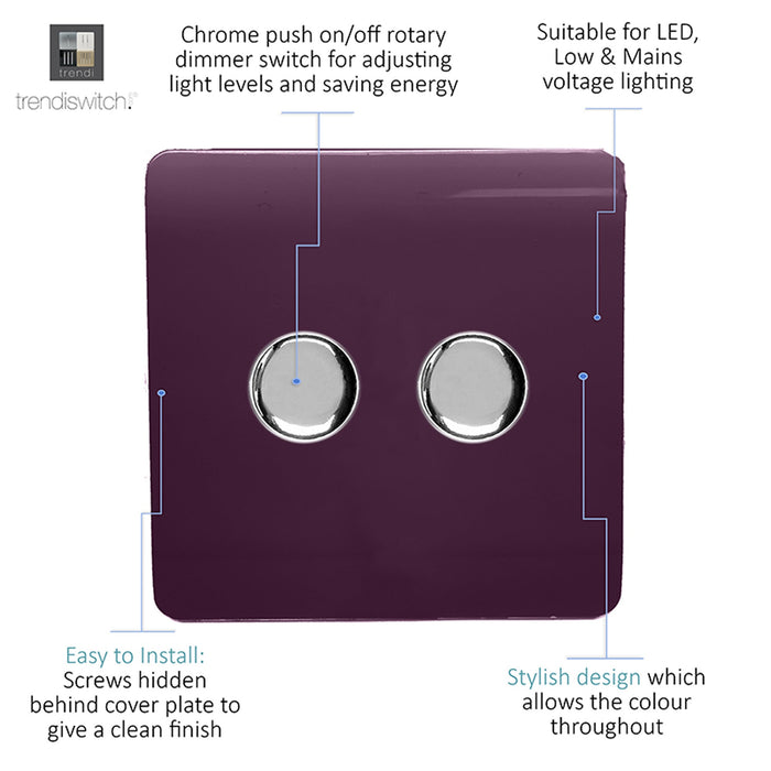 Trendi, Artistic Modern 2 Gang 2 Way LED Dimmer Switch 5-150W LED / 120W Tungsten Per Dimmer, Plum Finish, (35mm Back Box Required), 5yrs Warranty • ART-2LDMPL