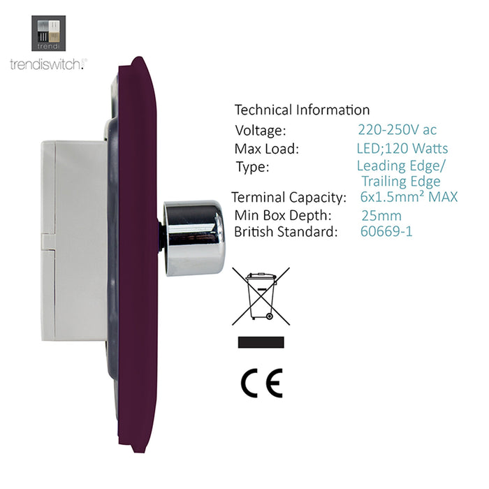 Trendi, Artistic Modern 2 Gang 2 Way LED Dimmer Switch 5-150W LED / 120W Tungsten Per Dimmer, Plum Finish, (35mm Back Box Required), 5yrs Warranty • ART-2LDMPL