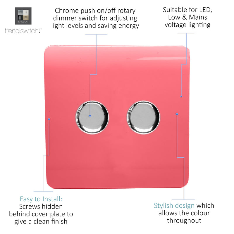 Trendi, Artistic Modern 2 Gang 2 Way LED Dimmer Switch 5-150W LED / 120W Tungsten Per Dimmer, Strawberry Finish, (35mm Back Box Required) 5yrs Wrnty • ART-2LDMSB