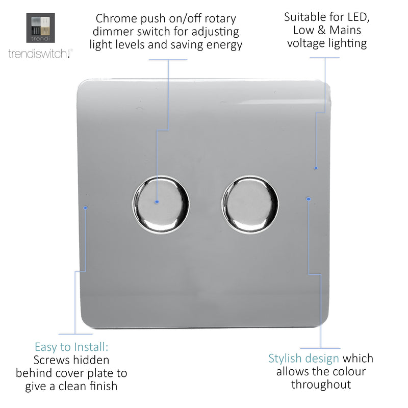 Trendi, Artistic Modern 2 Gang 2 Way LED Dimmer Switch 5-150W LED / 120W Tungsten Per Dimmer, Silver Finish, (35mm Back Box Required) 5yrs Wrnty • ART-2LDMSI