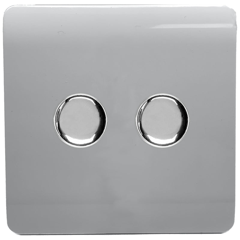 Trendi, Artistic Modern 2 Gang 2 Way LED Dimmer Switch 5-150W LED / 120W Tungsten Per Dimmer, Silver Finish, (35mm Back Box Required) 5yrs Wrnty • ART-2LDMSI