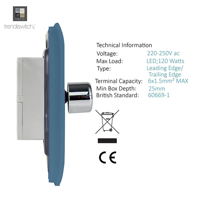 Trendi, Artistic Modern 2 Gang 2 Way LED Dimmer Switch 5-150W LED / 120W Tungsten Per Dimmer, Sky Finish, (35mm Back Box Required), 5yrs Warranty • ART-2LDMSK