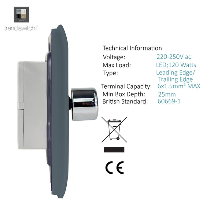 Trendi, Artistic Modern 2 Gang 2 Way LED Dimmer Switch 5-150W LED / 120W Tungsten Per Dimmer, Warm Grey Finish, (35mm Back Box Required) 5yrs Warranty • ART-2LDMWG