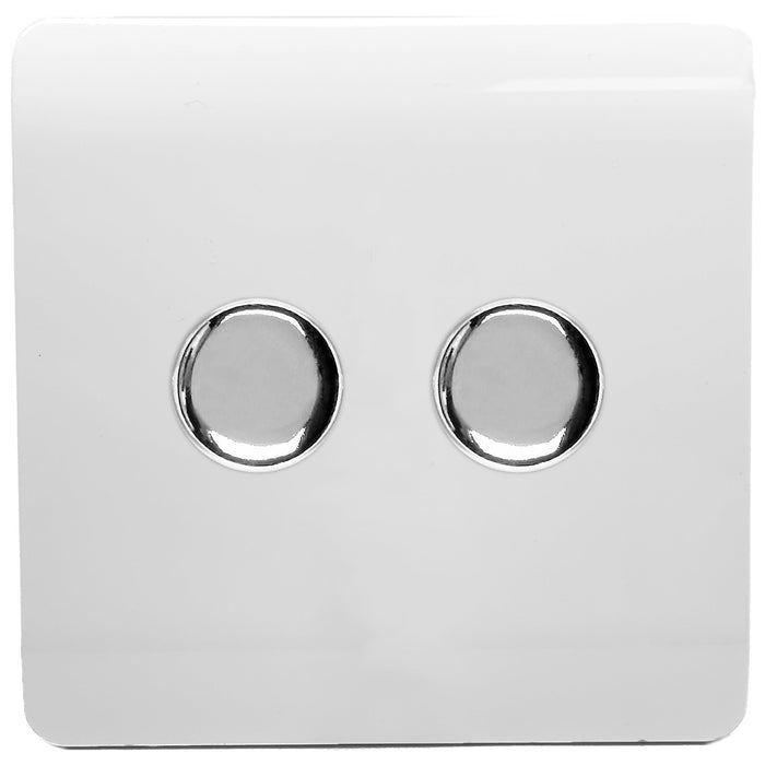 Trendi, Artistic Modern 2 Gang 2 Way LED Dimmer Switch 5-150W LED / 120W Tungsten Per Dimmer, Gloss White Finish, (35mm Back Box Required) 5yrs Wrnty • ART-2LDMWH