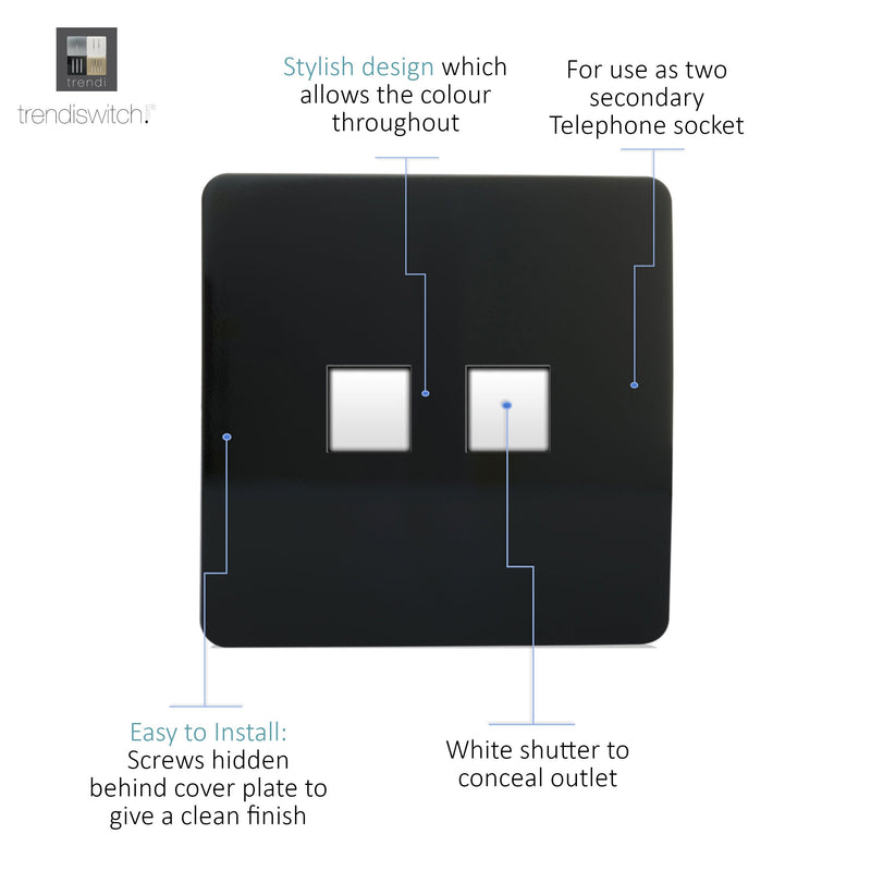 Trendi, Artistic Modern RJ11 Telephone & PC Ethernet Gloss Black Finish, BRITISH MADE, (35mm Back Box Required), 5yrs Warranty • ART-TLP+PCBK