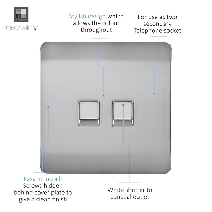 Trendi, Artistic Modern Twin RJ11 Telephone Brushed Steel Finish, BRITISH MADE, (35mm Back Box Required), 5yrs Warranty • ART-2TLPBS