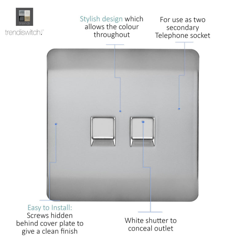 Trendi, Artistic Modern RJ11 Telephone & PC Ethernet Brushed Steel Finish, BRITISH MADE, (35mm Back Box Required), 5yrs Warranty • ART-TLP+PCBS