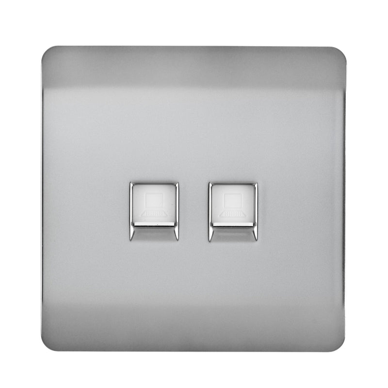 Trendi, Artistic Modern RJ11 Telephone & PC Ethernet Brushed Steel Finish, BRITISH MADE, (35mm Back Box Required), 5yrs Warranty • ART-TLP+PCBS