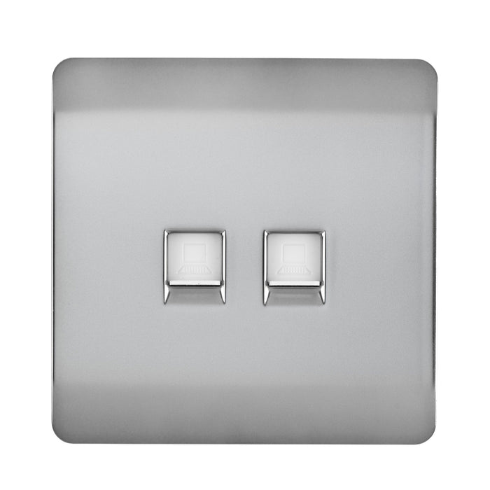 Trendi, Artistic Modern Twin PC Ethernet Cat 5&6 Data Outlet Brushed Steel Finish, BRITISH MADE, (35mm Back Box Required), 5yrs Warranty • ART-2PCBS