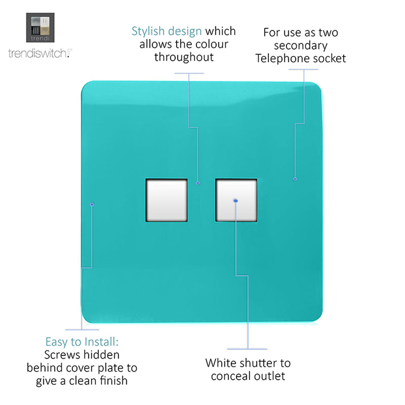 Trendi, Artistic Modern RJ11 Telephone & PC Ethernet Bright Teal Finish, BRITISH MADE, (35mm Back Box Required), 5yrs Warranty • ART-TLP+PCBT
