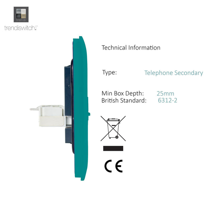 Trendi, Artistic Modern Twin RJ11 Telephone Bright Teal Finish, BRITISH MADE, (35mm Back Box Required), 5yrs Warranty • ART-2TLPBT