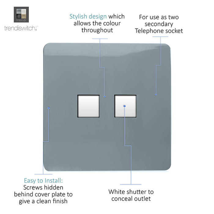 Trendi, Artistic Modern Twin PC Ethernet Cat 5&6 Data Outlet Cool Grey Finish, BRITISH MADE, (35mm Back Box Required), 5yrs Warranty • ART-2PCCG