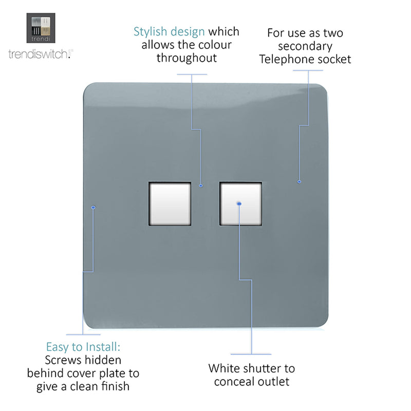 Trendi, Artistic Modern RJ11 Telephone & PC Ethernet Cool Grey Finish, BRITISH MADE, (35mm Back Box Required), 5yrs Warranty • ART-TLP+PCCG
