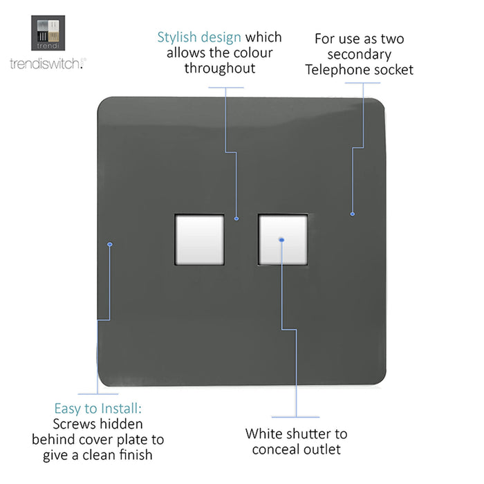 Trendi, Artistic Modern Twin PC Ethernet Cat 5&6 Data Outlet Charcoal Finish, BRITISH MADE, (35mm Back Box Required), 5yrs Warranty • ART-2PCCH