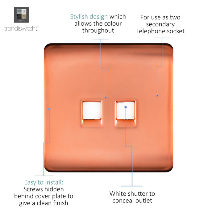 Trendi, Artistic Modern Twin PC Ethernet Cat 5&6 Data Outlet Copper Finish, BRITISH MADE, (35mm Back Box Required), 5yrs Warranty • ART-2PCCPR