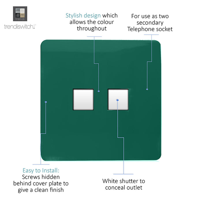 Trendi, Artistic Modern Twin RJ11 Telephone Dark Green Finish, BRITISH MADE, (35mm Back Box Required), 5yrs Warranty • ART-2TLPDG