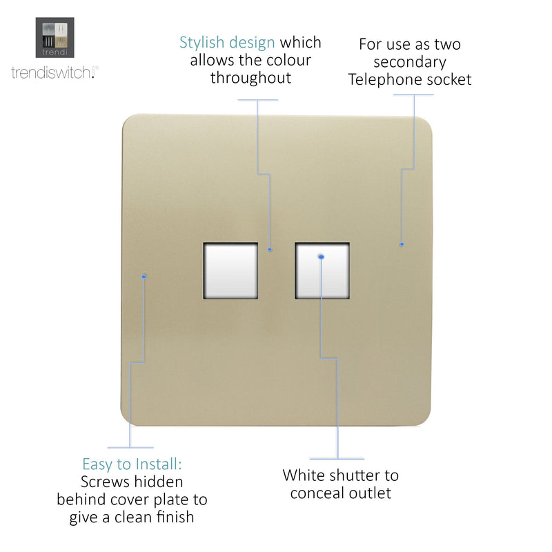 Trendi, Artistic Modern Twin PC Ethernet Cat 5&6 Data Outlet Champagne Gold Finish, BRITISH MADE, (35mm Back Box Required), 5yrs Warranty • ART-2PCGO