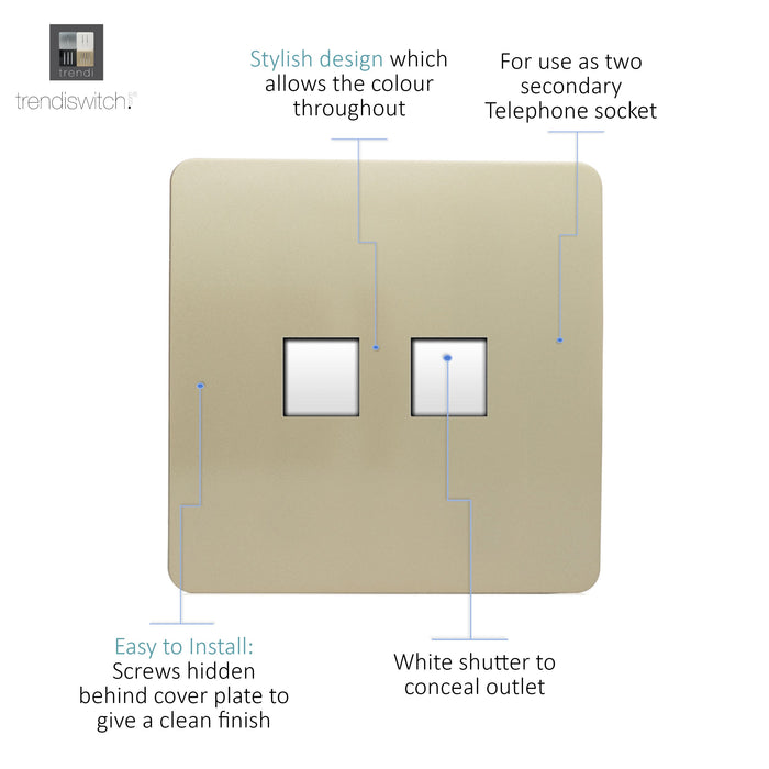 Trendi, Artistic Modern RJ11 Telephone & PC Ethernet Champagne Gold Finish, BRITISH MADE, (35mm Back Box Required), 5yrs Warranty • ART-TLP+PCGO