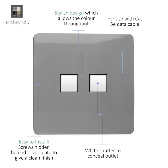 Trendi, Artistic Modern Twin PC Ethernet Cat 5&6 Data Outlet Light Grey Finish, BRITISH MADE, (35mm Back Box Required), 5yrs Warranty • ART-2PCLG