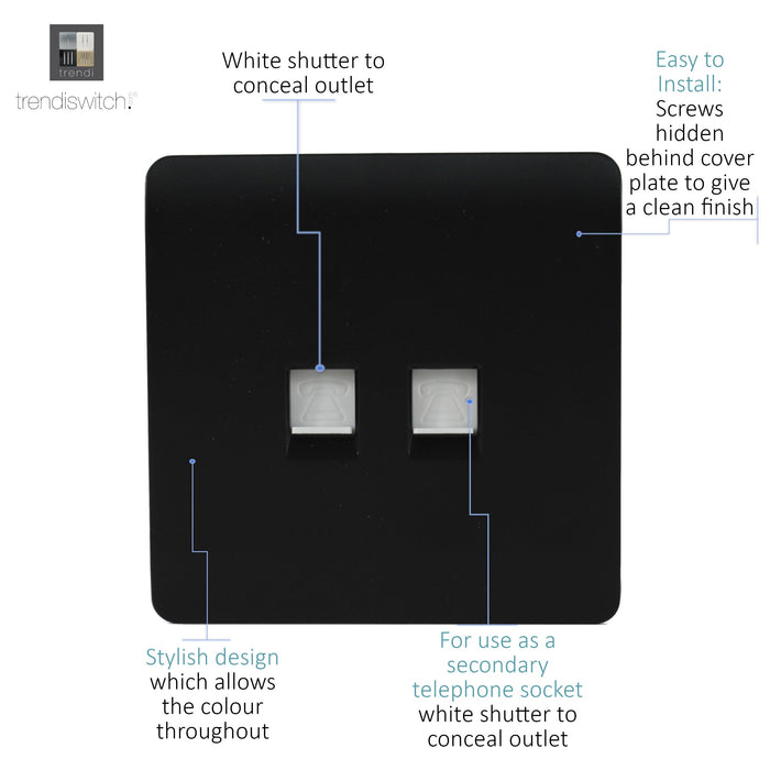 Trendi, Artistic Modern Twin PC Ethernet Cat 5&6 Data Outlet Matt Black Finish, BRITISH MADE, (35mm Back Box Required), 5yrs Warranty • ART-2PCMBK