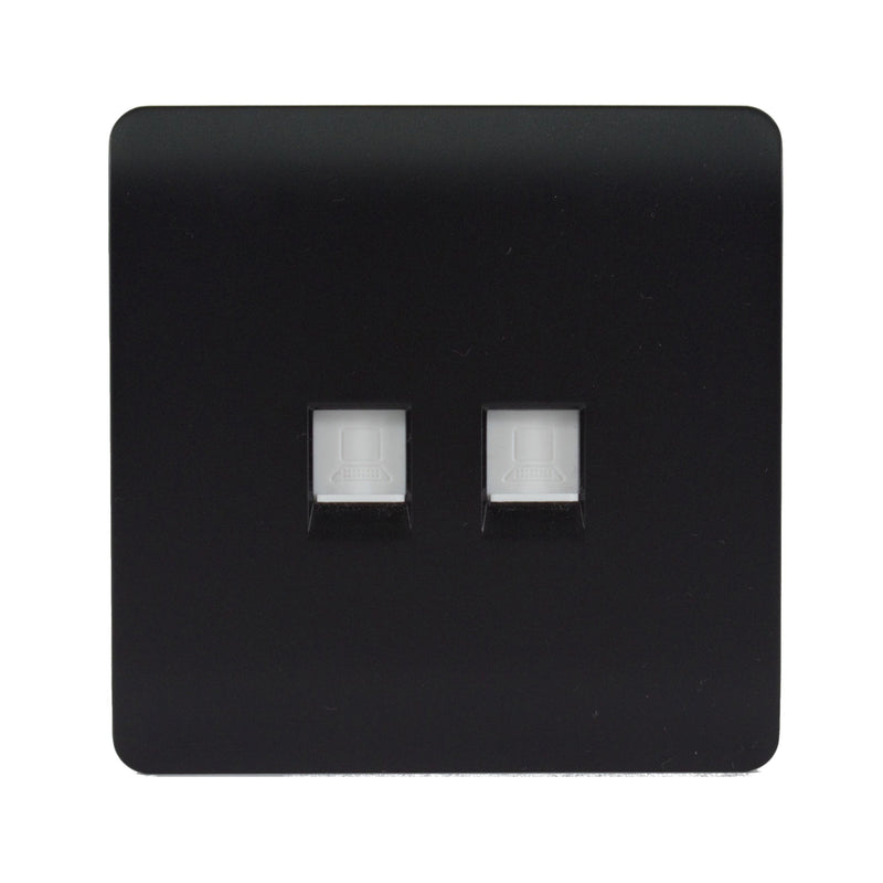 Trendi, Artistic Modern Twin PC Ethernet Cat 5&6 Data Outlet Matt Black Finish, BRITISH MADE, (35mm Back Box Required), 5yrs Warranty • ART-2PCMBK
