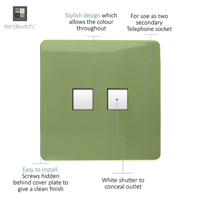 Trendi, Artistic Modern Twin PC Ethernet Cat 5&6 Data Outlet Moss Green Finish, BRITISH MADE, (35mm Back Box Required), 5yrs Warranty • ART-2PCMG