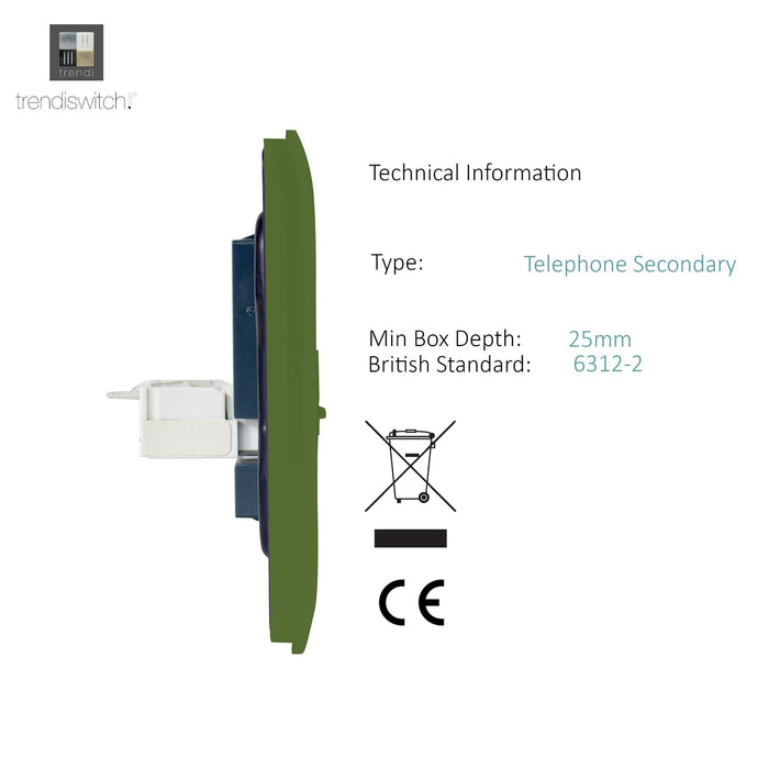 Trendi, Artistic Modern RJ11 Telephone & PC Ethernet Moss Green Finish, BRITISH MADE, (35mm Back Box Required), 5yrs Warranty • ART-TLP+PCMG
