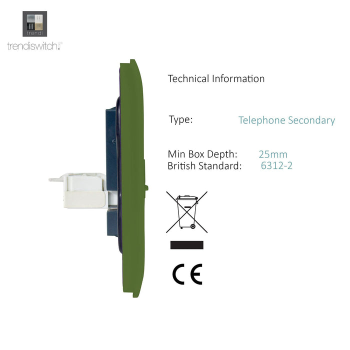 Trendi, Artistic Modern Twin RJ11 Telephone Moss Green Finish, BRITISH MADE, (35mm Back Box Required), 5yrs Warranty • ART-2TLPMG